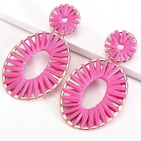 Big Hot Pink Oversized Wicker Oval Hoop Earrings Boho Vacation Rattan Raffia New - Picture 4 of 4